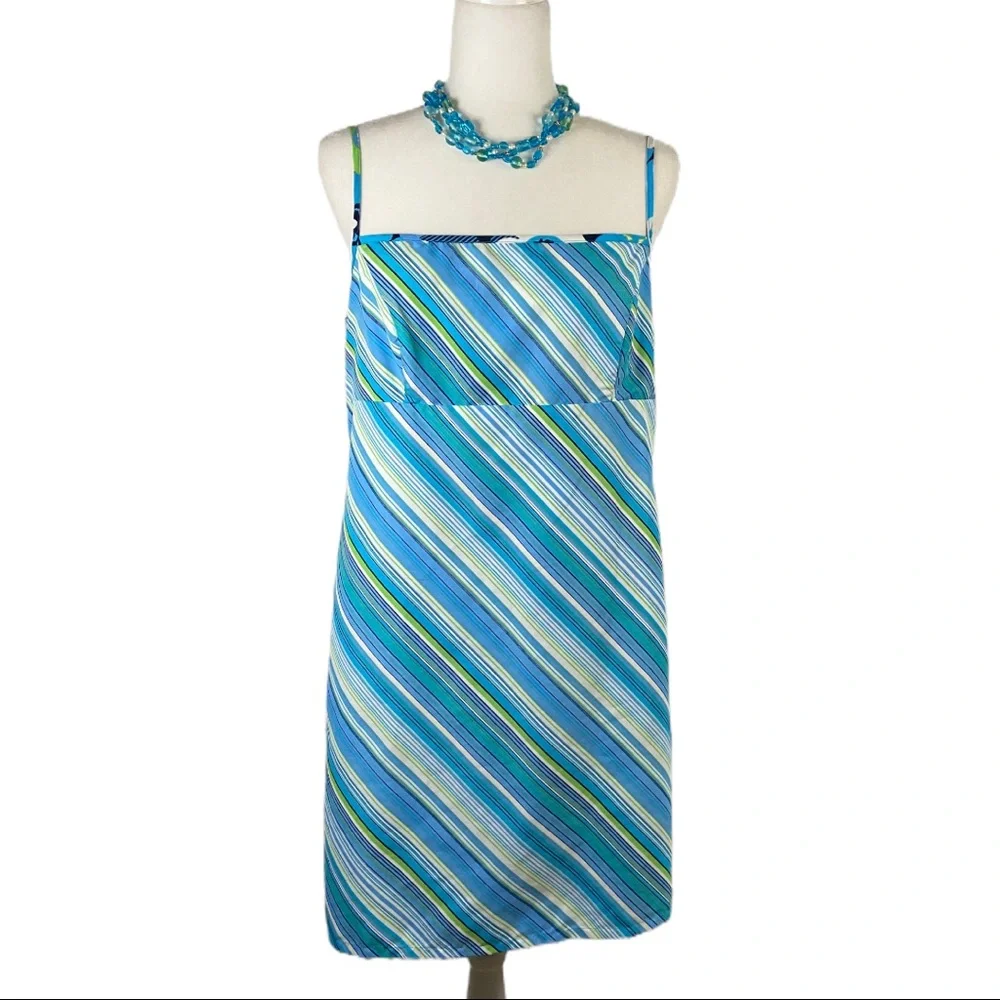 Reversible Sundress Mod Floral / Diagonal Stripes Blue Green Size Large - Picture 6 of 15